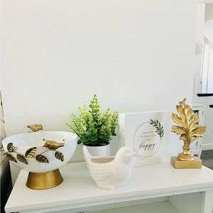 White Ceramic Bird Planter with Gold Accents - Home Accents